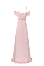 Elegant misty rose off the shoulder silk maxi dress