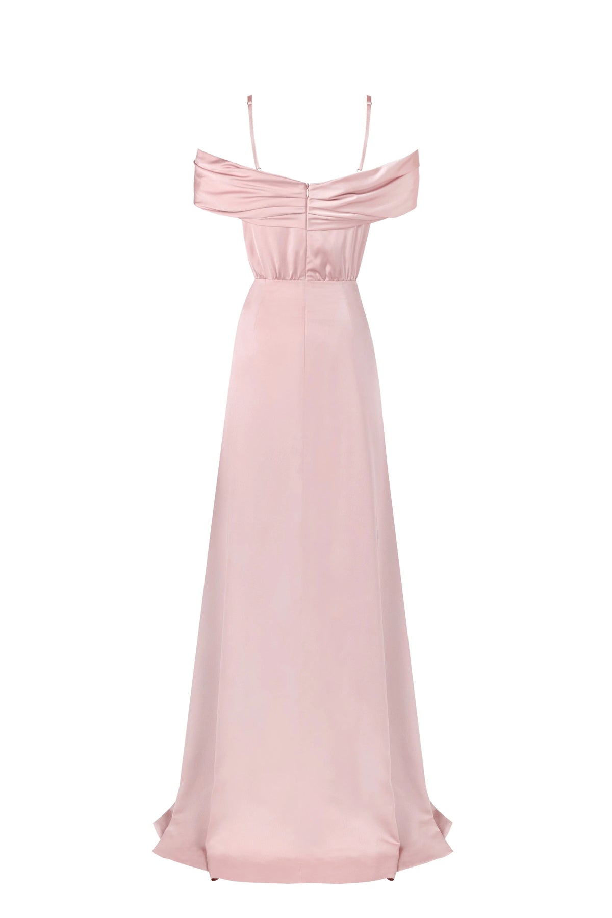 Elegant misty rose off the shoulder silk maxi dress
