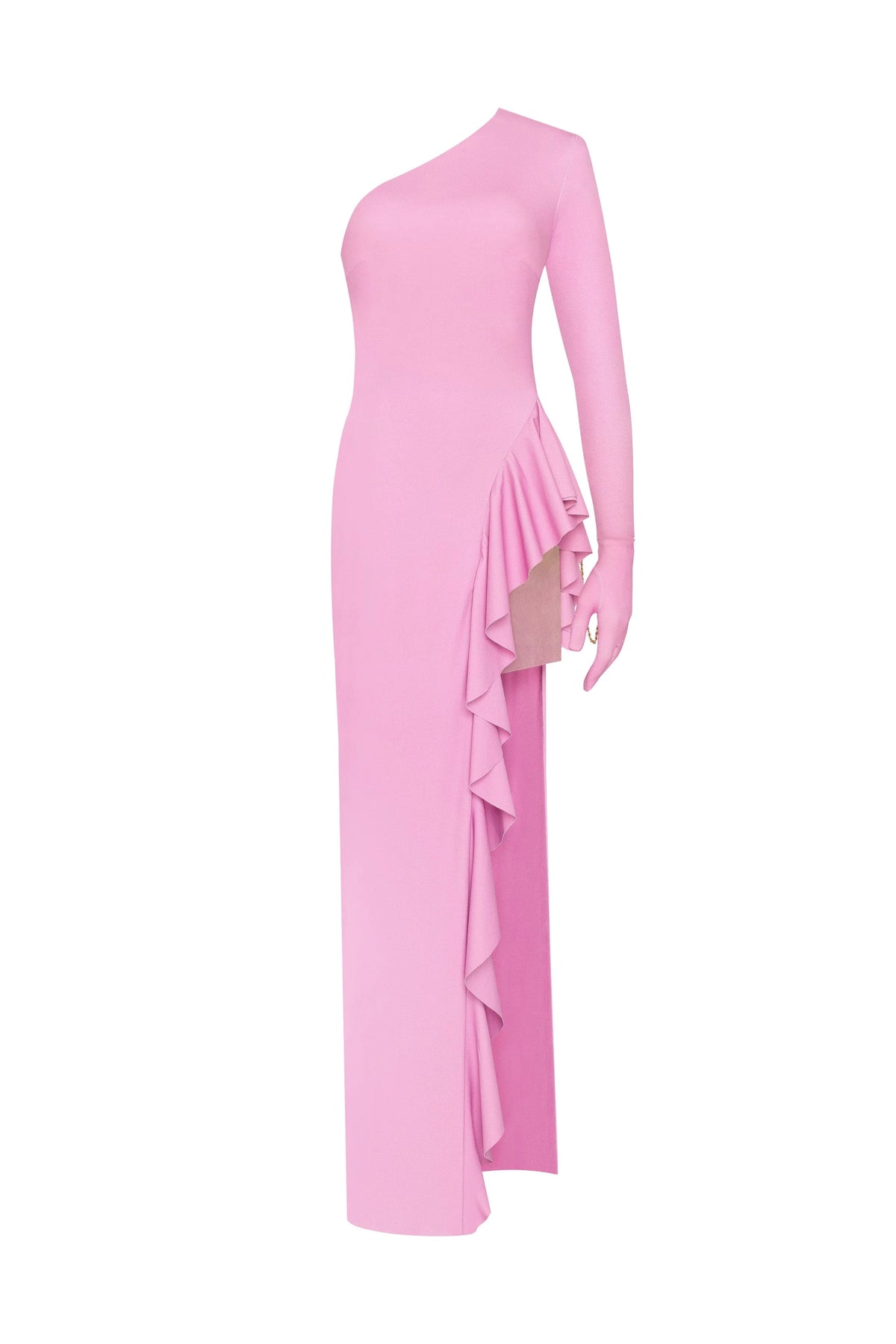 One shoulder ruffle trimmed maxi dress in pink Xo Xo