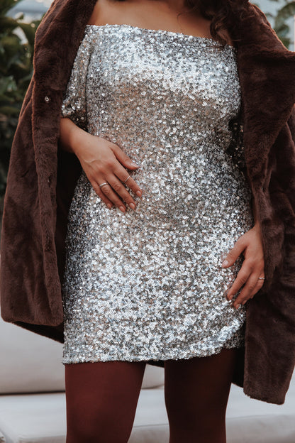 Tory Off Shoulder Sequin Mini Dress Silver