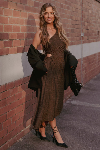 Emma One Shoulder Midi Dress Vintage Gold