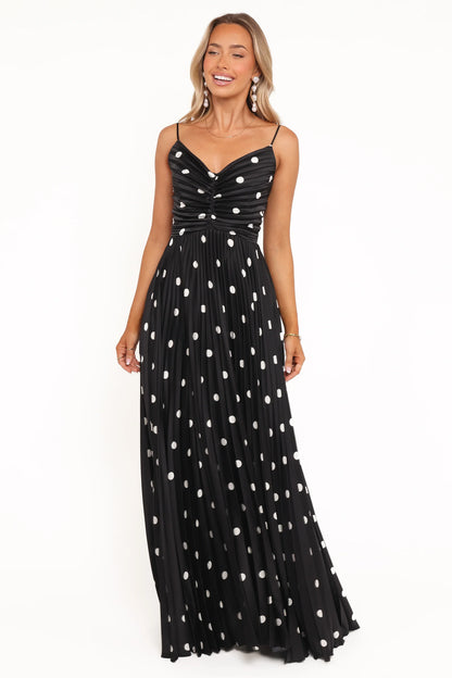 Naira Pleated Maxi Dress Black Polka Dot