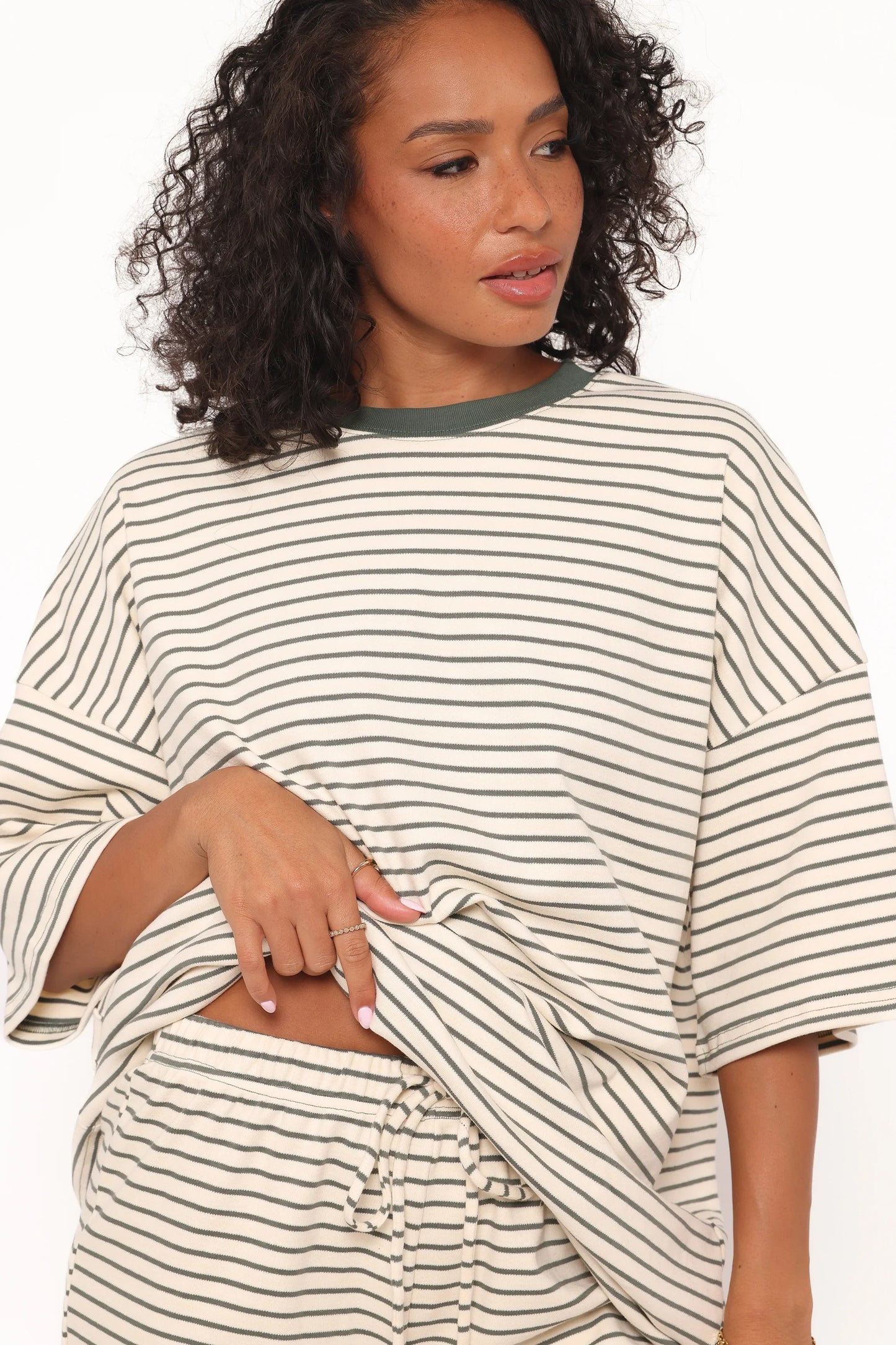 Hellen Stripe Short Set Cream Green Stripe