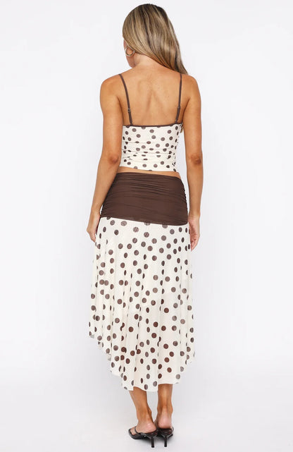 Mediterranean Mirage Midi Skirt Cream Choc Polka Dot
