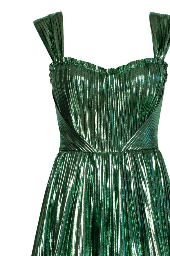Emerald Green Shiny maxi evening dress with an off the shoulder neckline