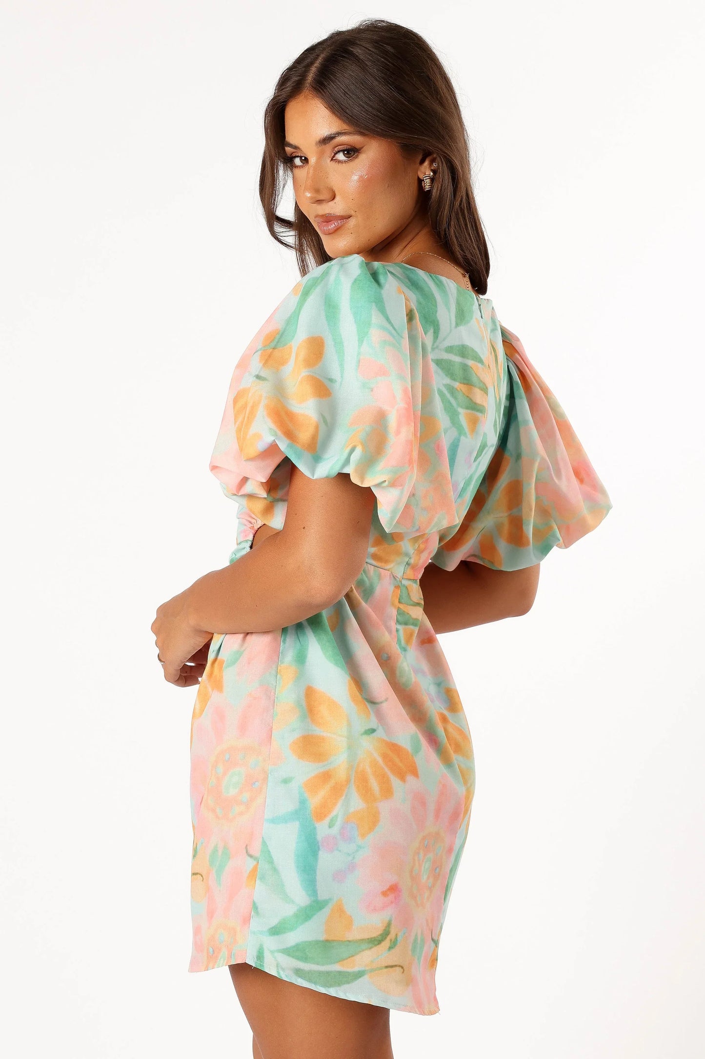 Natalie Puff Sleeve Mini Dress Coral Print