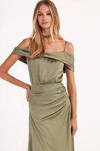 Elegant olive off the shoulder silk maxi dress