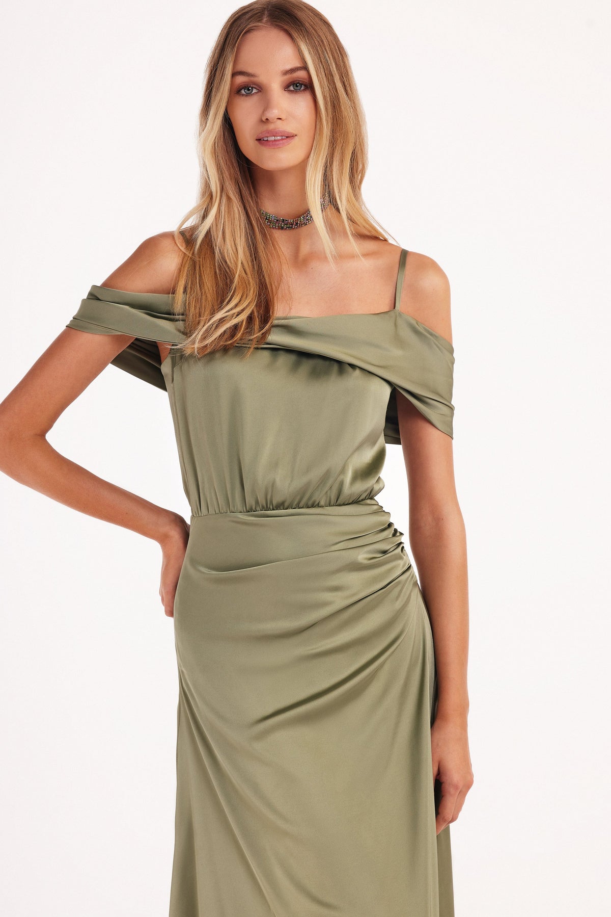 Elegant olive off the shoulder silk maxi dress
