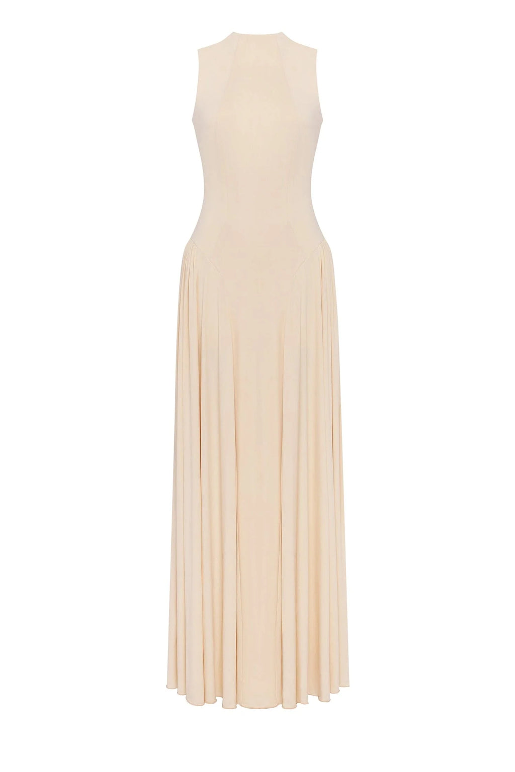 Nude sleeveless mock neck dress with a pleated maxi skirt