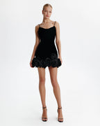 Black velvet mini dress with 3D flowers
