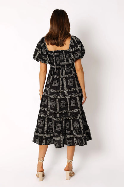 Soliel Puff Sleeve Midi Dress Black Tan