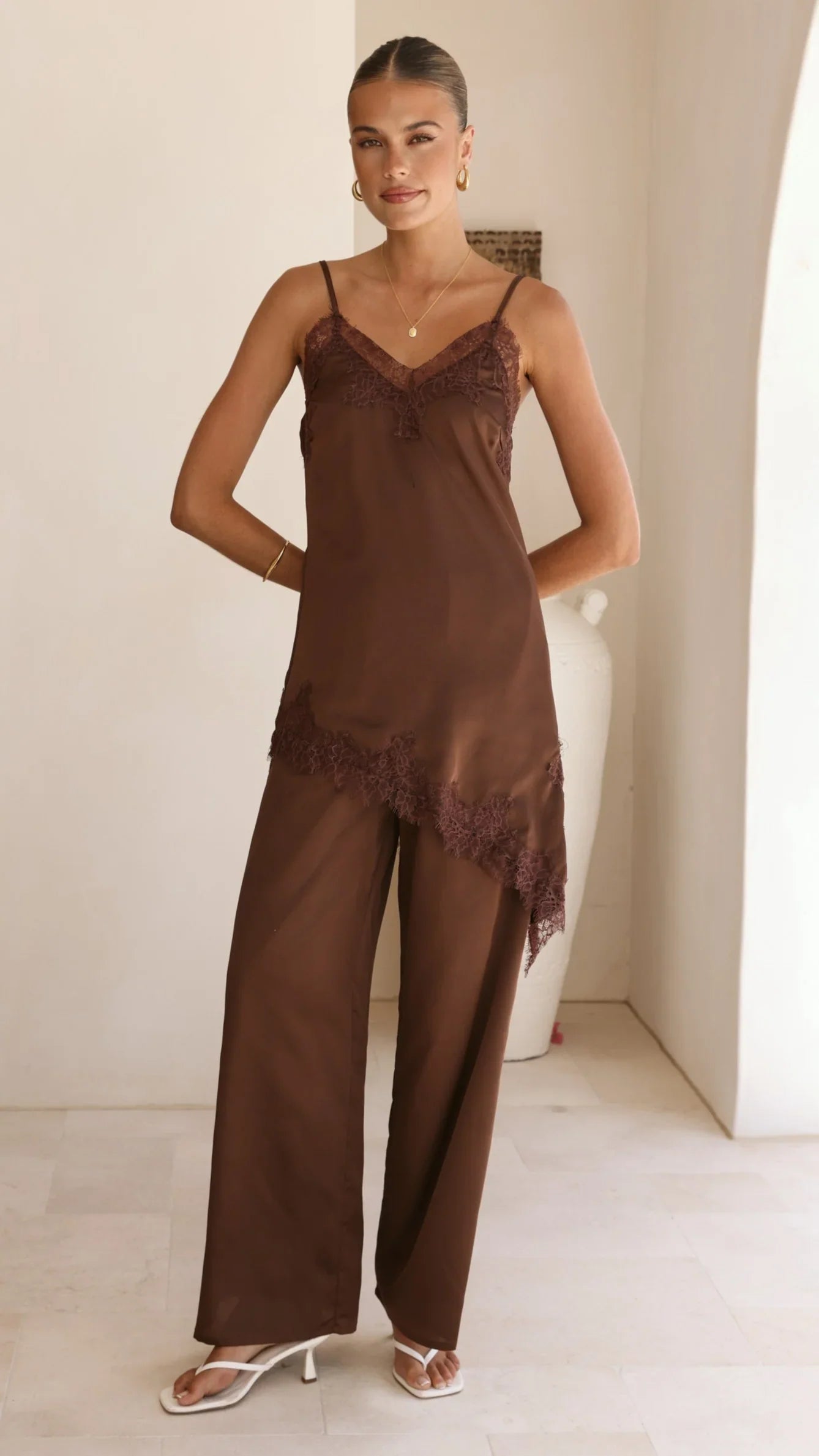 Hayleigh Asymmetrical Top and Pants Set Chocolate Lace