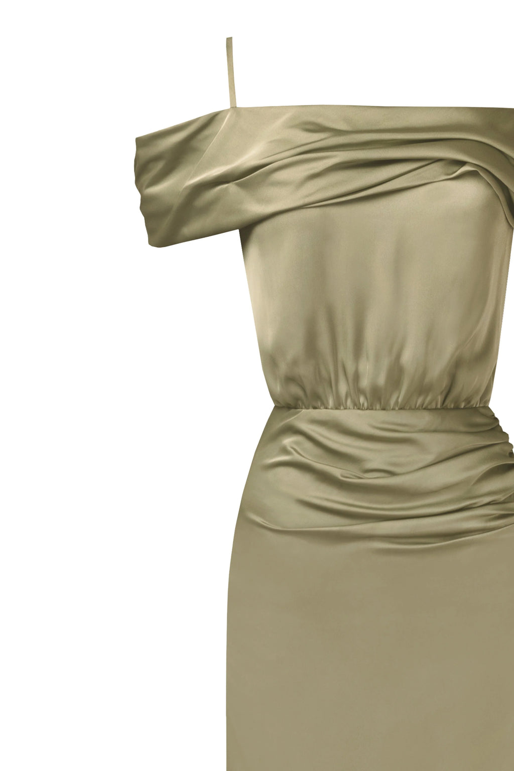 Elegant olive off the shoulder silk maxi dress