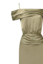 Elegant olive off the shoulder silk maxi dress