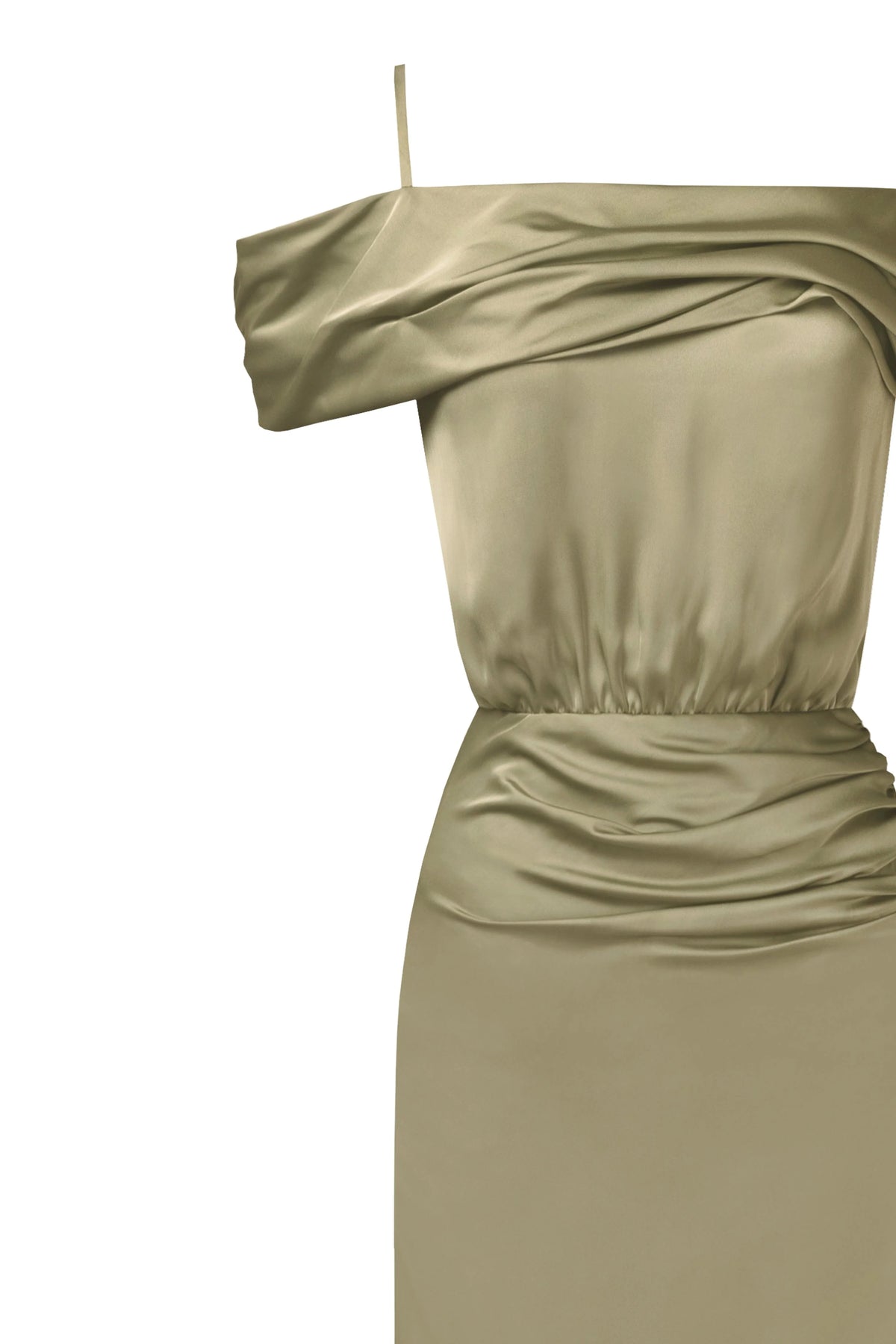 Elegant olive off the shoulder silk maxi dress