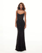 Sensational black maxi on spaghetti straps covered in sequins Smoky Quartz