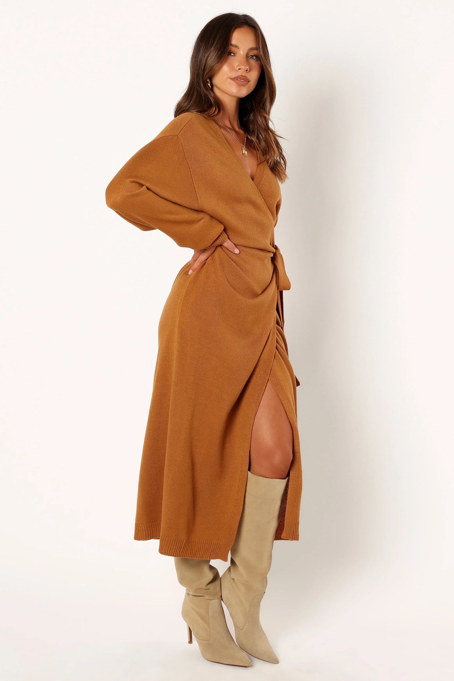 Nova Wrap Knit Midi Dress Camel