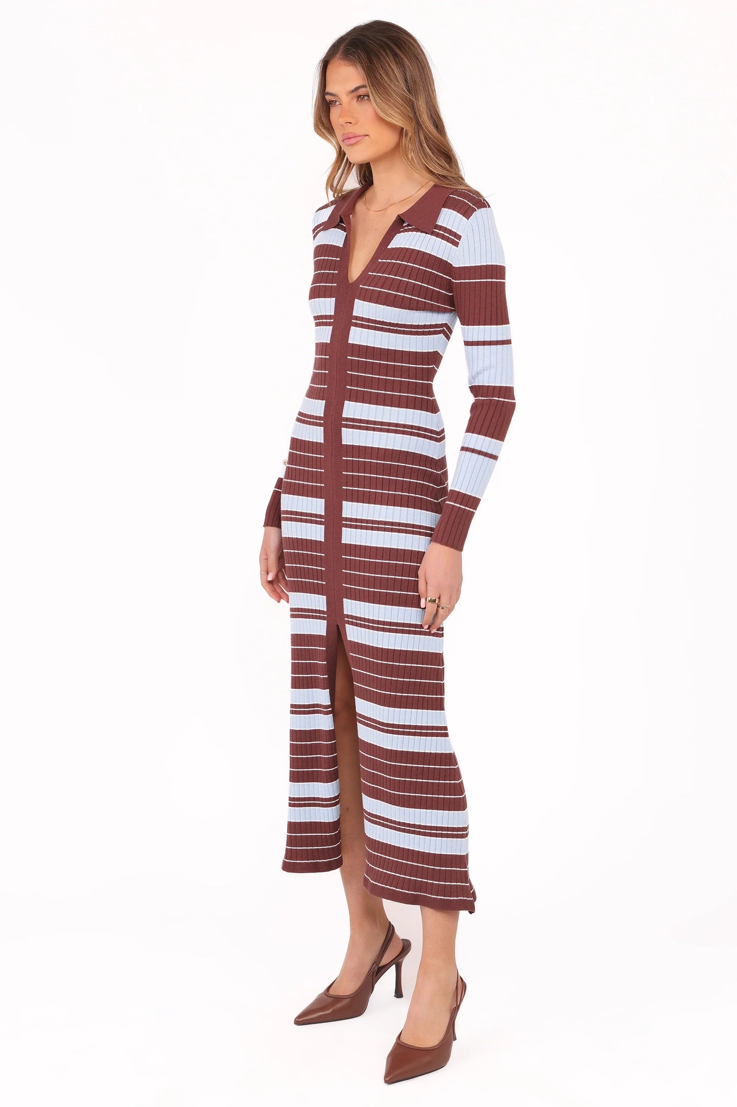 Eliana Long Sleeve Midi Dress Brown Blue Stripe