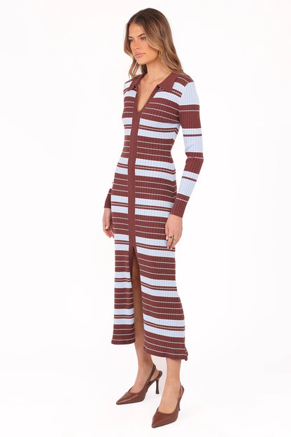 Eliana Long Sleeve Midi Dress Brown Blue Stripe