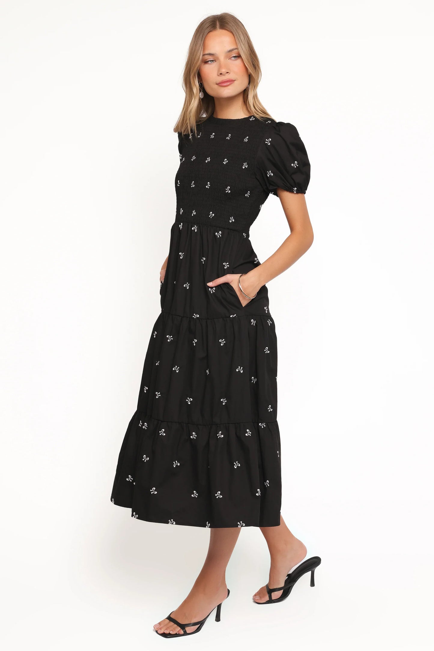 Naura Shirred Tiered Midi Dress Black Bow