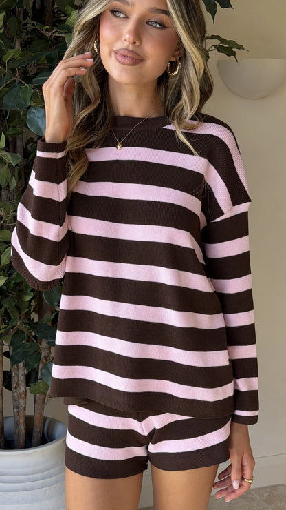 Jaeden Long Sleeve Top Shorts Set Pink Chocolate Stripe