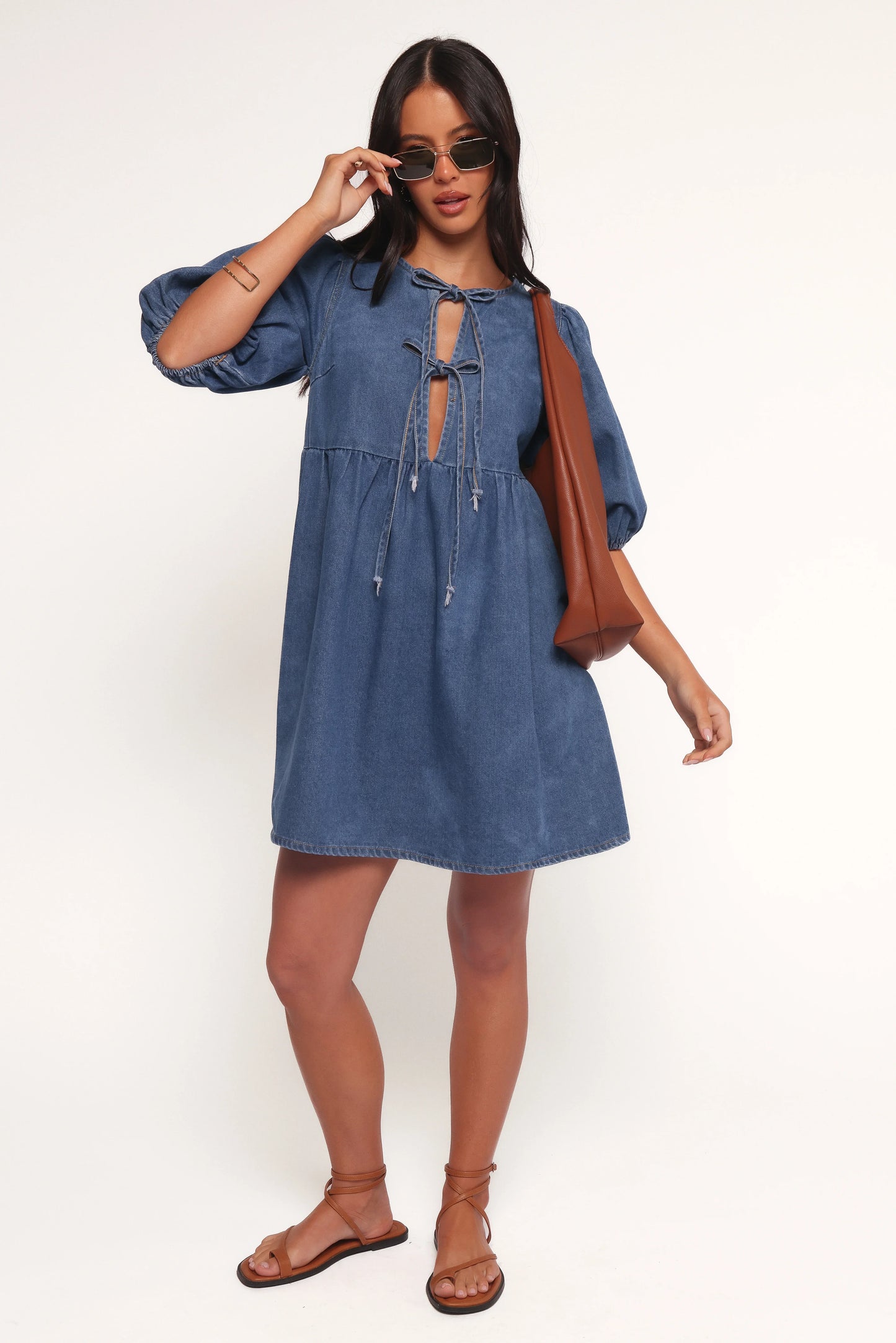 Romana Tie Front Mini Dress Dark Denim