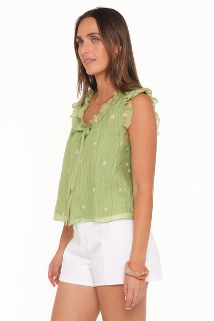 Lumi Embroidered Ruffle Top Green