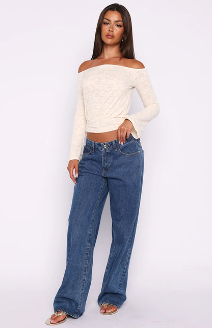 Dancing In The Rain Off Shoulder Long Sleeve Top Cream