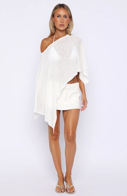 Sunset Silhouette Knit Poncho Top White