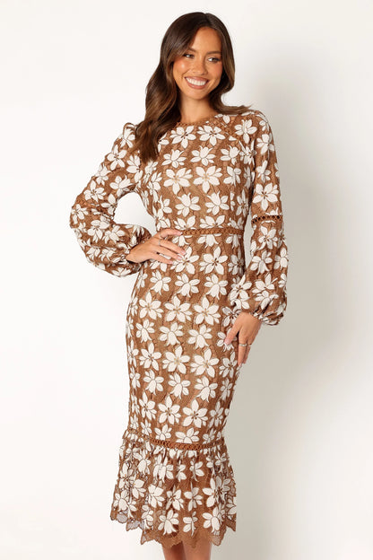 Pierre Long Sleeve Lace Maxi Dress Mocha
