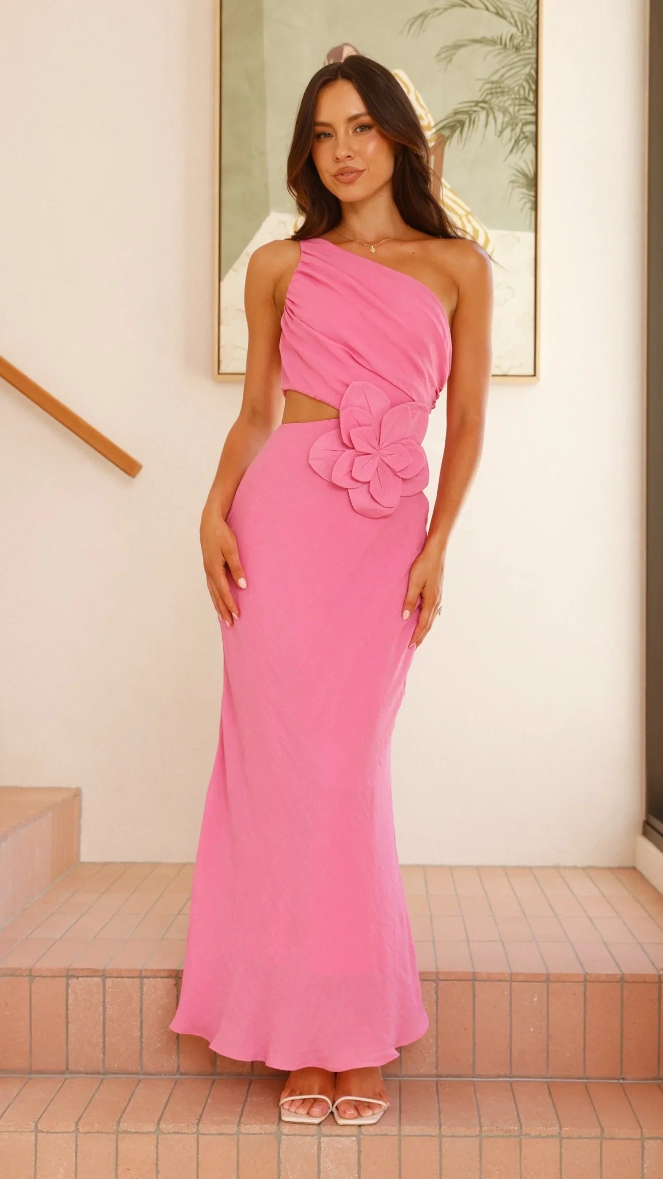 Bloom One Shoulder Cut Out Maxi Dress Hot Pink