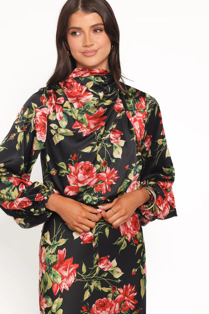 Perrie Long Sleeve Midi Dress Black Floral