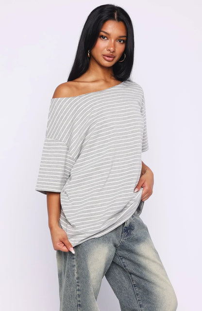 Give Me Options Off Shoulder Tee Grey White Stripe