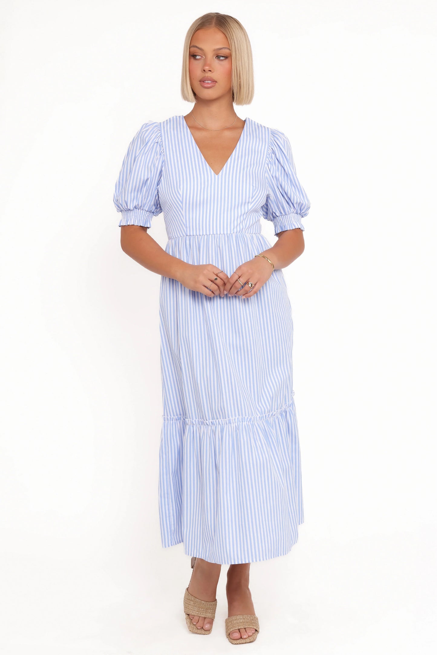 Steele Puff Sleeve Midi Dress Blue Stripe