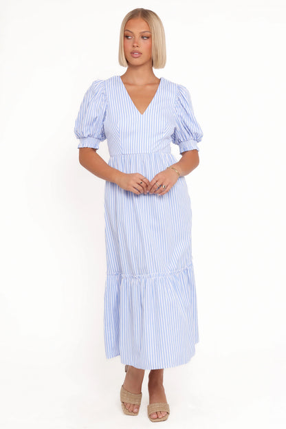 Steele Puff Sleeve Midi Dress Blue Stripe