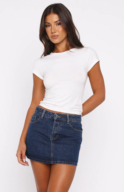 Wont Stop Searching Denim Mini Skirt Dark Blue
