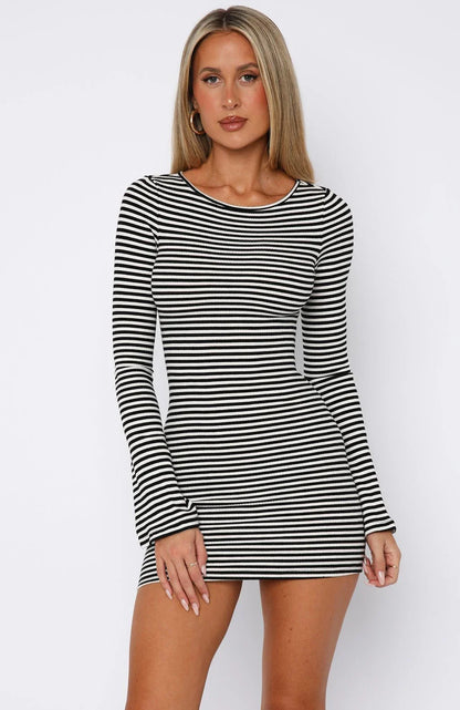 Lost Files Long Sleeve Mini Dress Black White Stripe