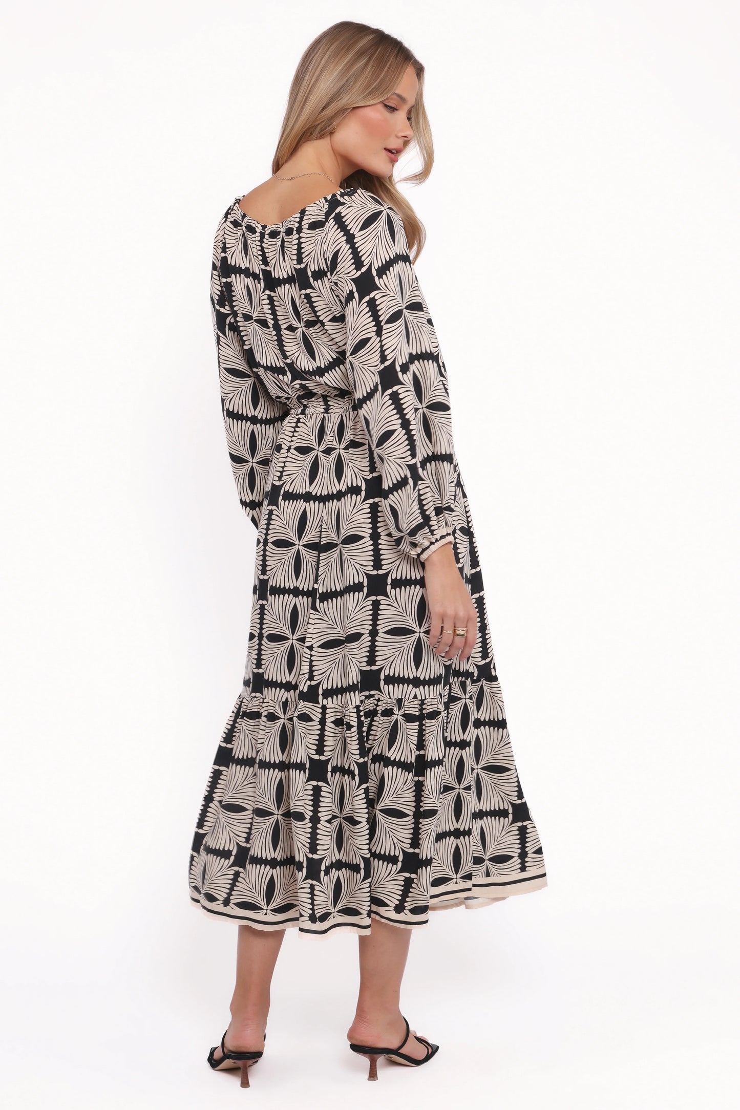 Faris Off Shoulder Midi Dress Black Geo