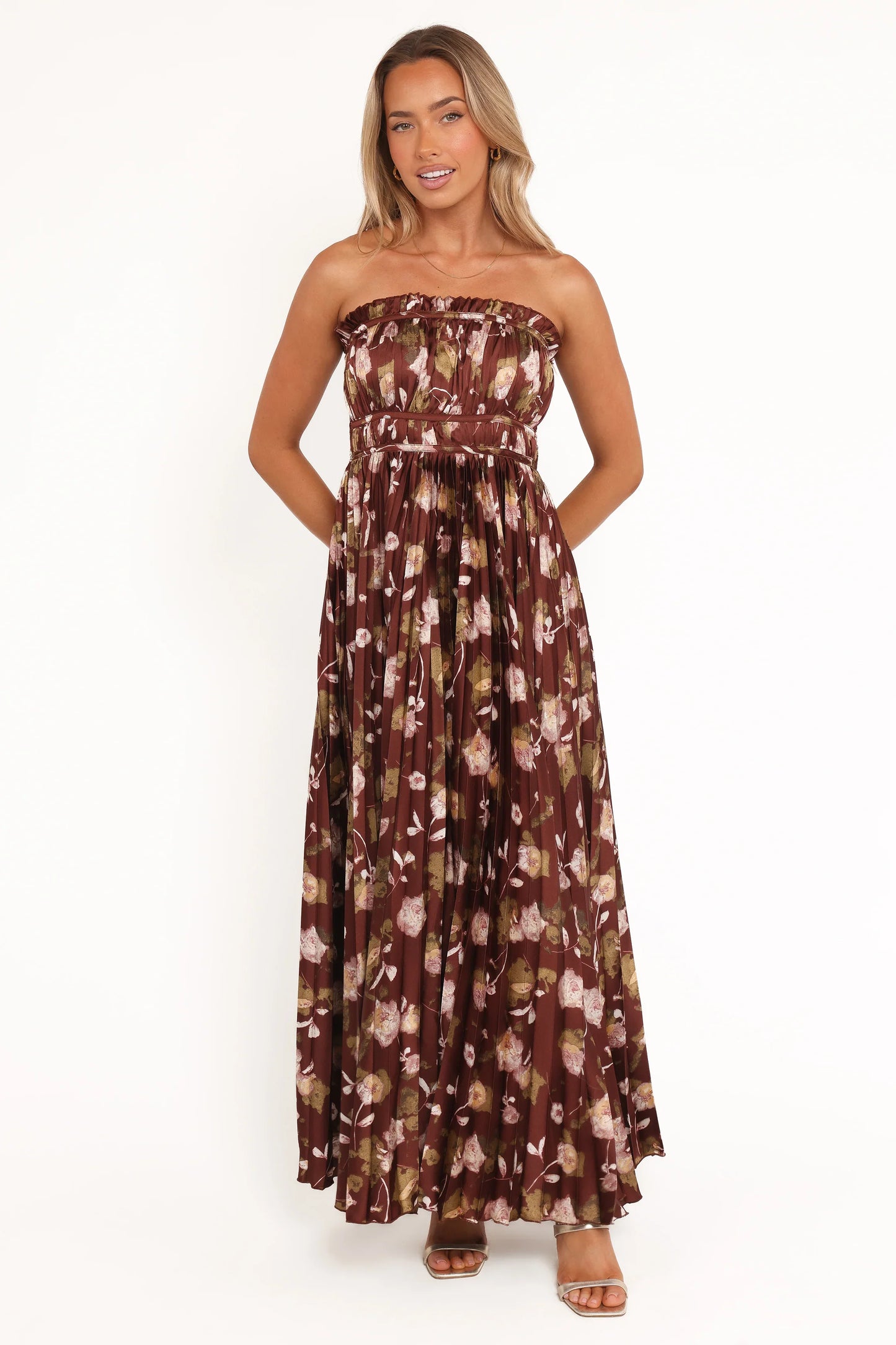 Angelique Strapless Maxi Dress Brown Floral