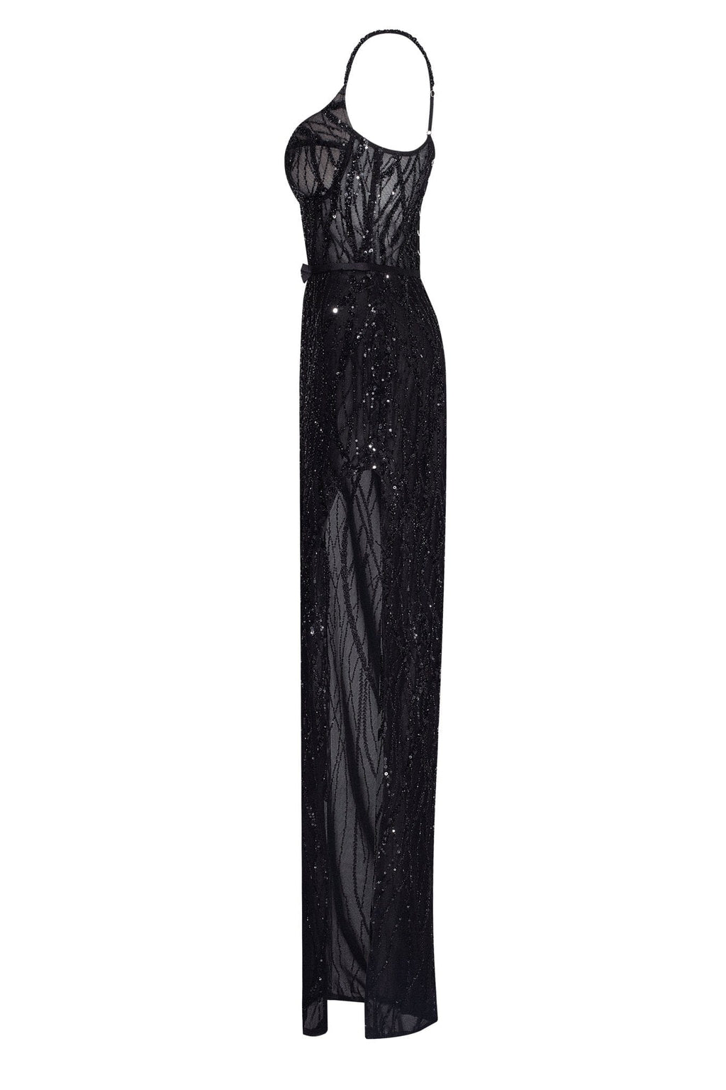 Astonishing sequined maxi gown on spaghetti straps with short briefs