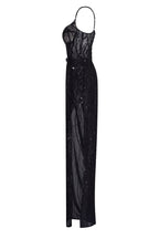 Astonishing sequined maxi gown on spaghetti straps with short briefs