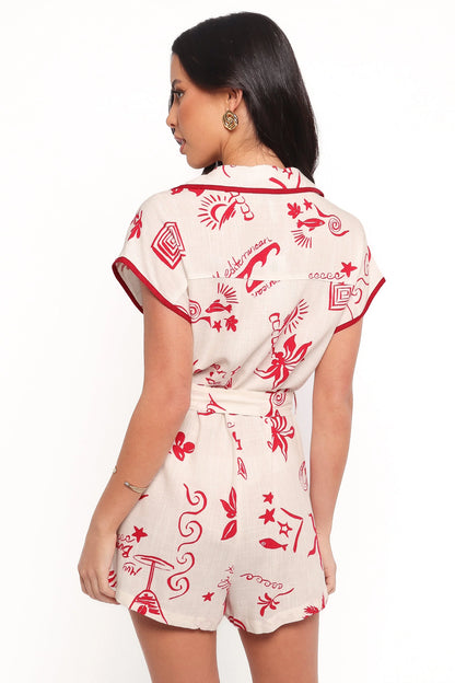 Kensie Tie Waist Romper Red