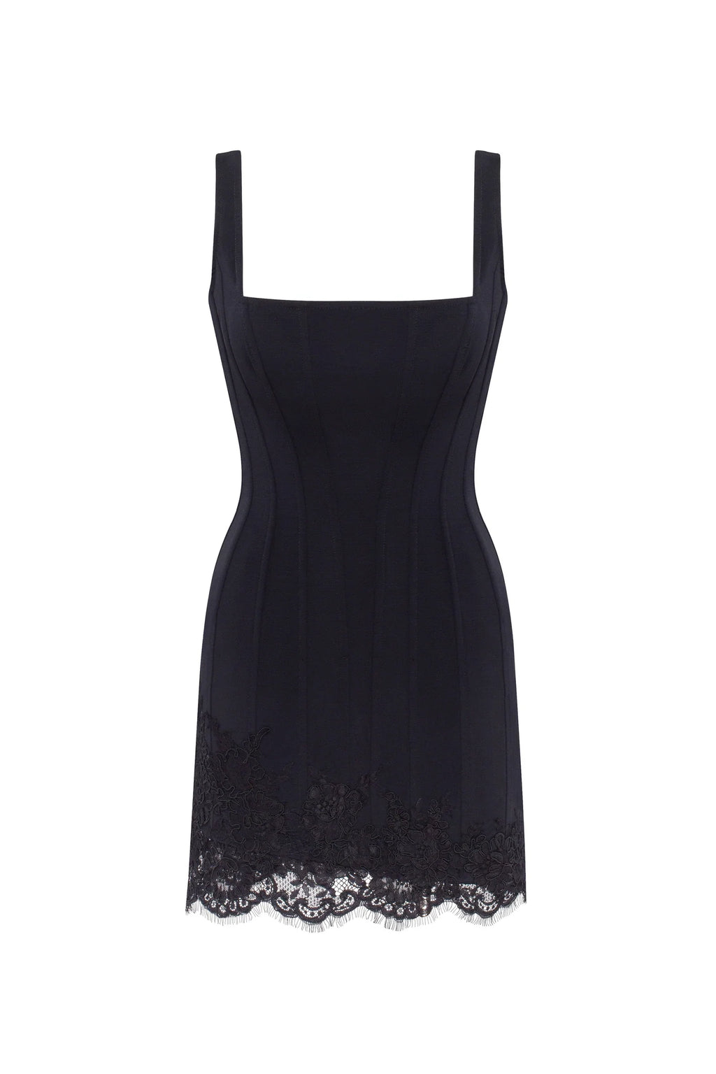 Sultry black corset mini dress with lace hem Parisienne