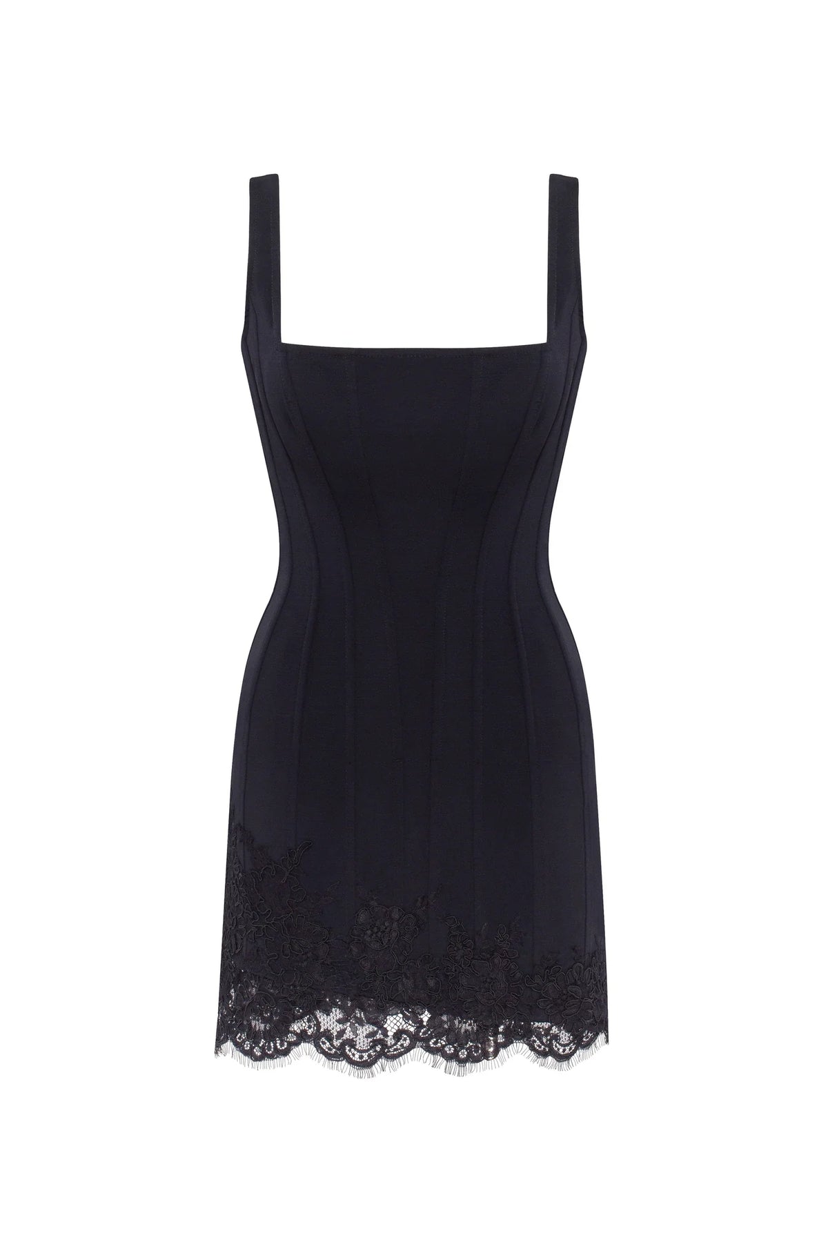 Sultry black corset mini dress with lace hem Parisienne