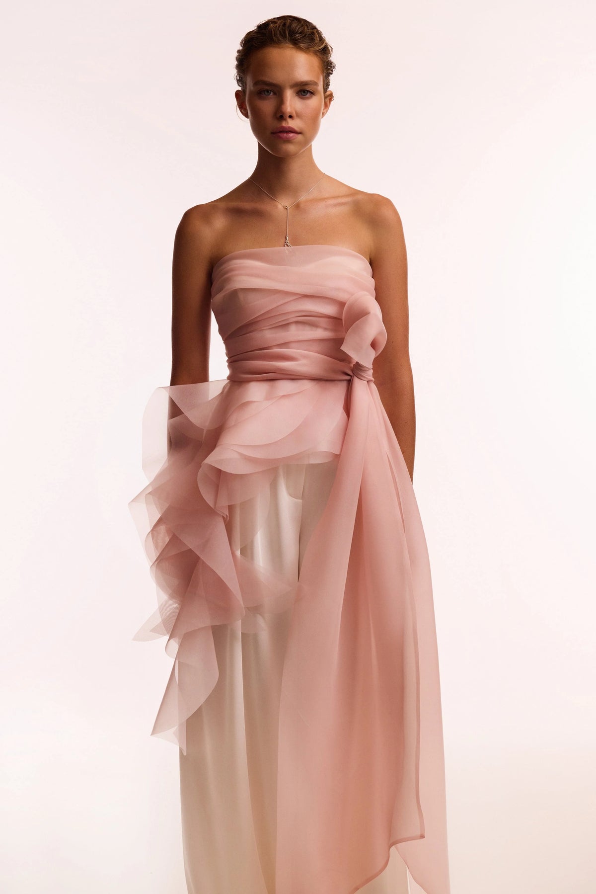 Dreamy off shoulder blouse with meringue flounces in misty rose Midnight Walk