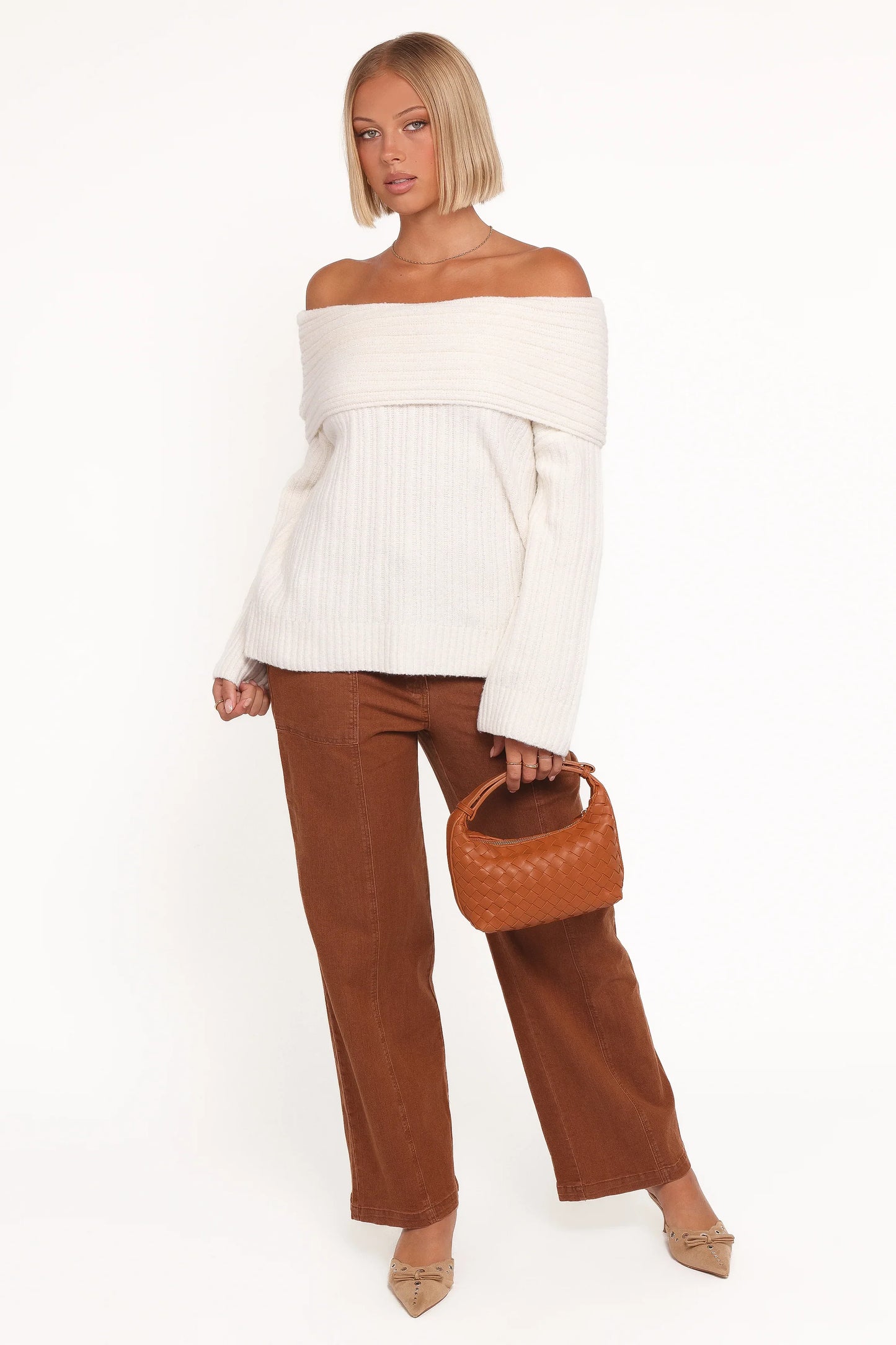 Kenny Off Shoulder Knit Sweater Cream