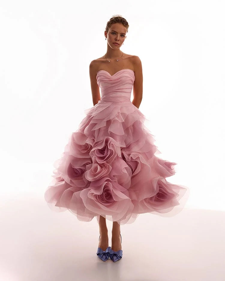 Dramatic flowered organza midi dress in misty rose Glow Up