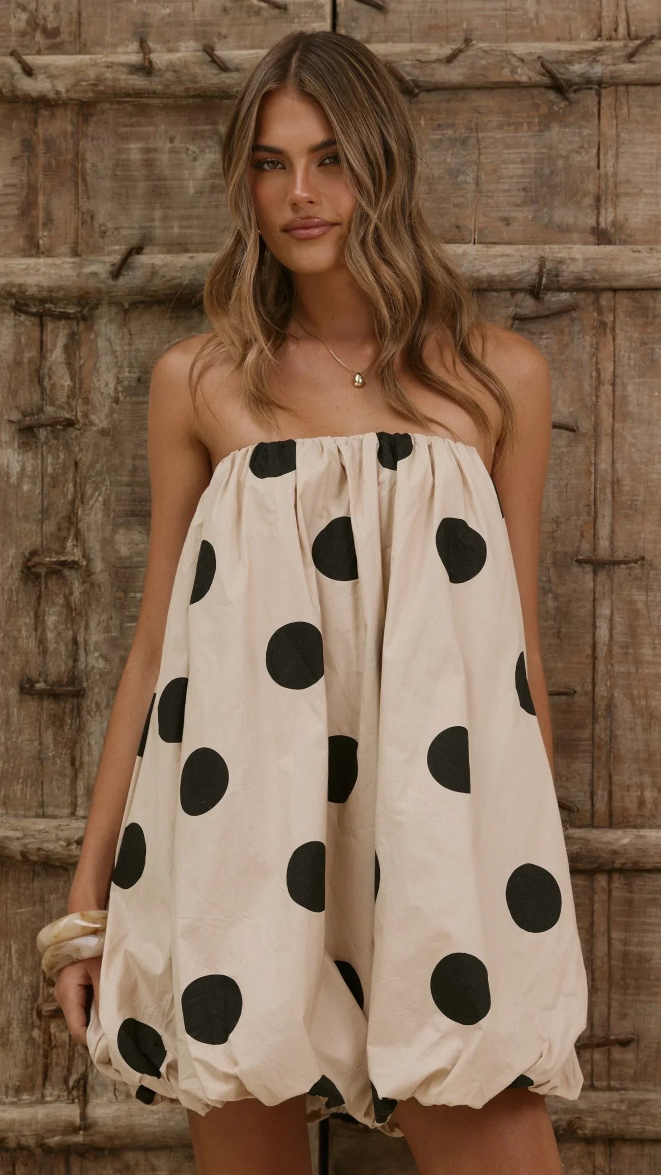 Everly Strapless Mini Dress Oat Black Polka