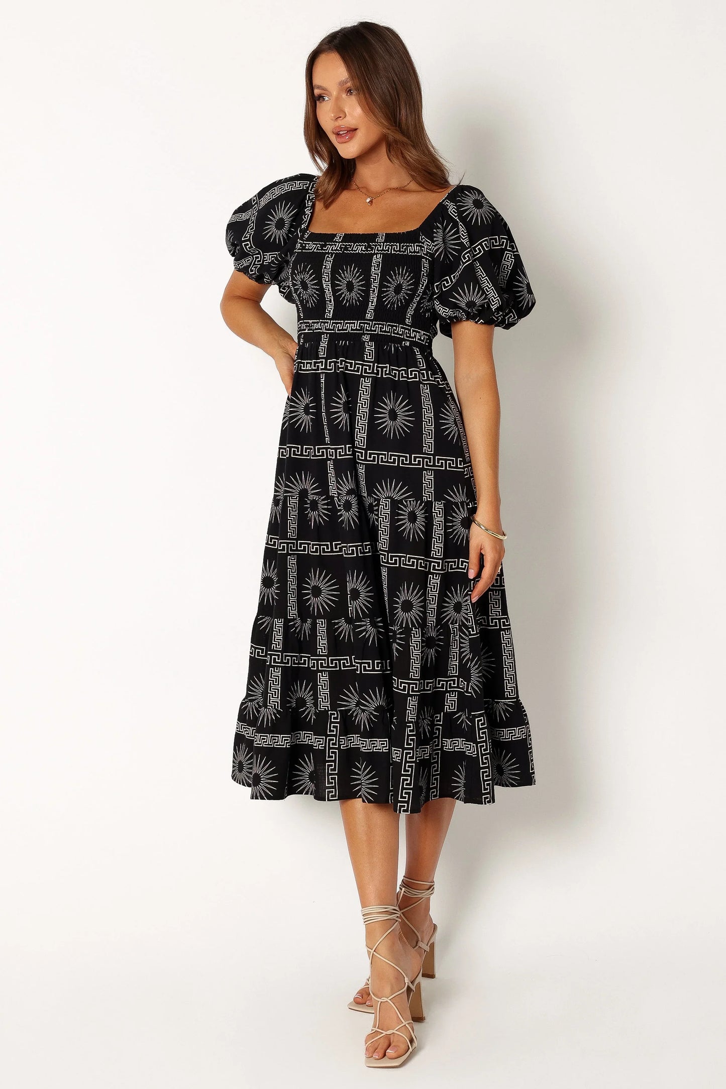 Soliel Puff Sleeve Midi Dress Black Tan