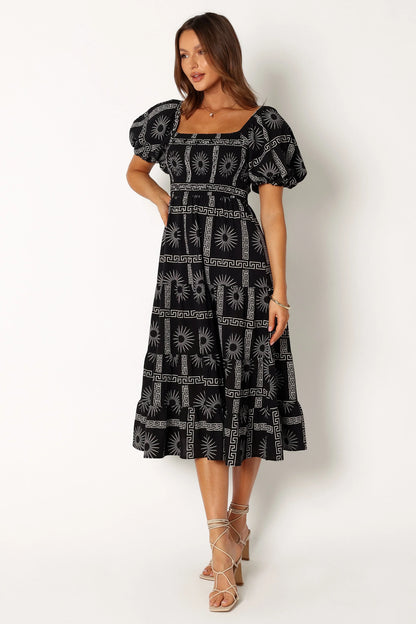 Soliel Puff Sleeve Midi Dress Black Tan